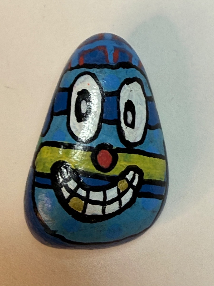 Hand-Painted Talismeme Art Rock — Colorful Cartoon Face & Abstract Design