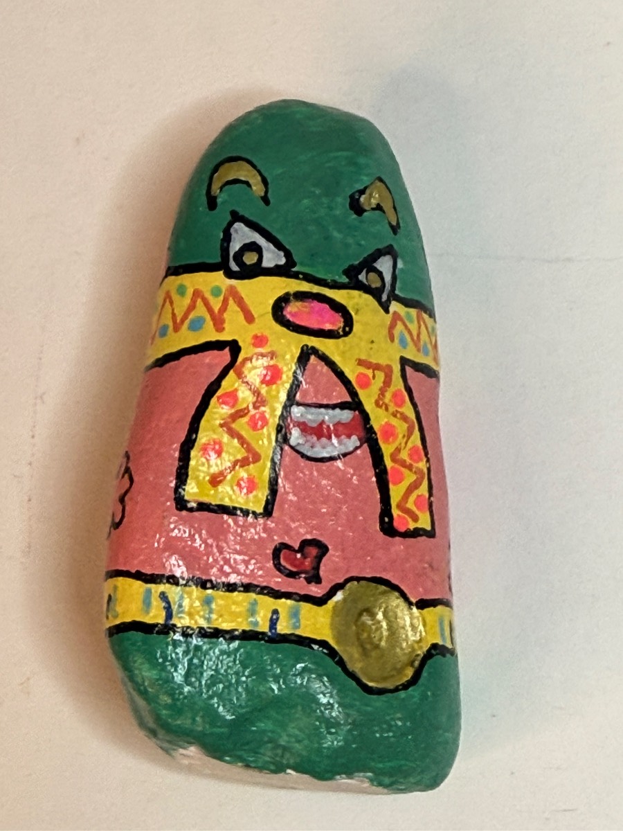 Hand-Painted Decorative Talismeme Rock — Colorful Folk Art Monster Character Stone