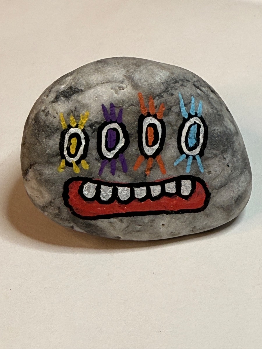 Hand-Painted Monster Face Talismeme  Rock — Four Eyes Folk Art Stone