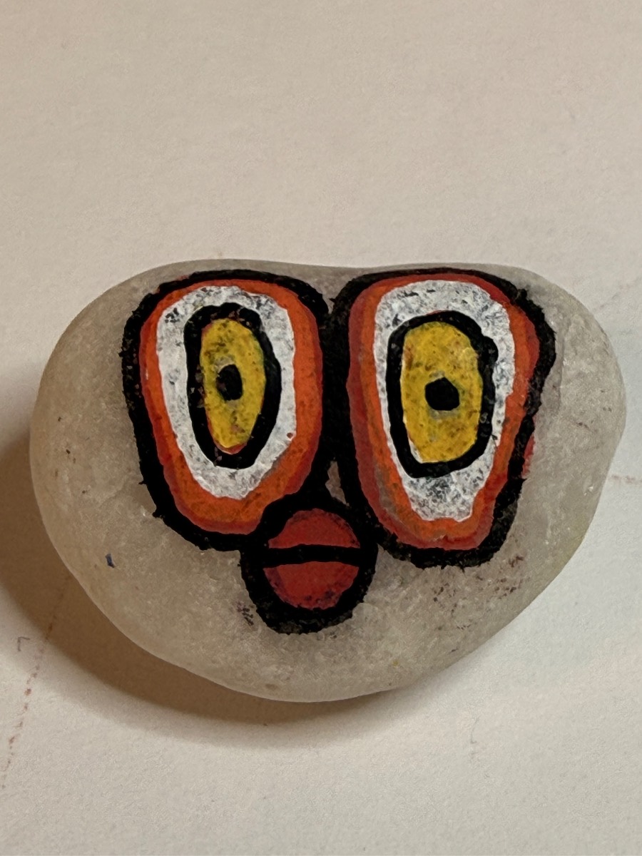 Hand-Painted Talismeme Rock Art — Expressive Face with Yellow Eyes, Folk Art Stone