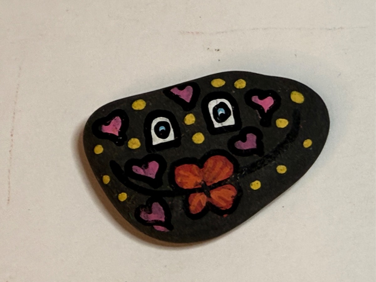 Hand-Painted Decorative Talismeme River Rock — Hearts, Butterfly & Dot Folk Art Design