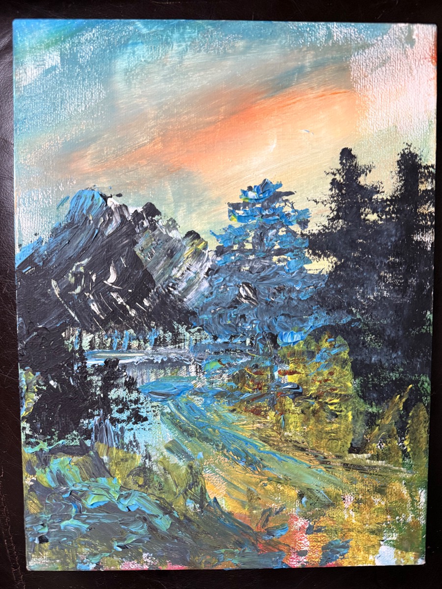Shit Bob Ross Acrylic Landscape Painting on Canvas — Mountain Lake Scene with Sunset Sky