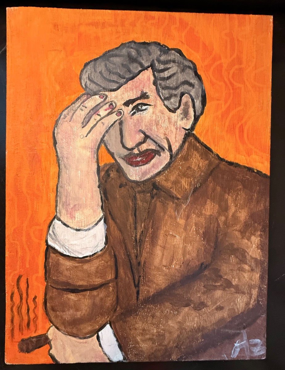 SHIT COLUMBO (Not Chomsky) - Acrylic Portrait Painting on Wood — Figure with Cigar, Orange Background, Signed