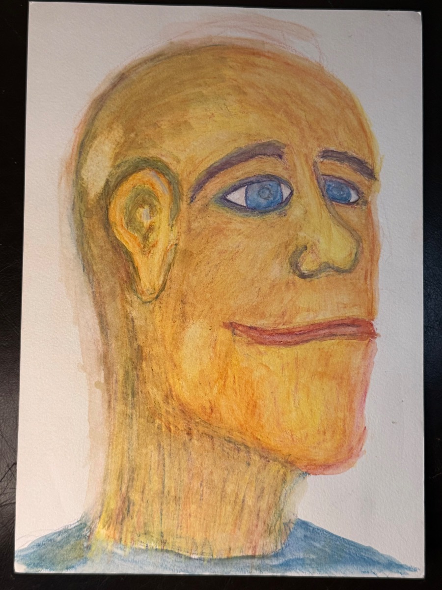 Self Portrait Watercolor Pencil Painting — Bald Man with Blue Eyes, Outsider Folk Art Style