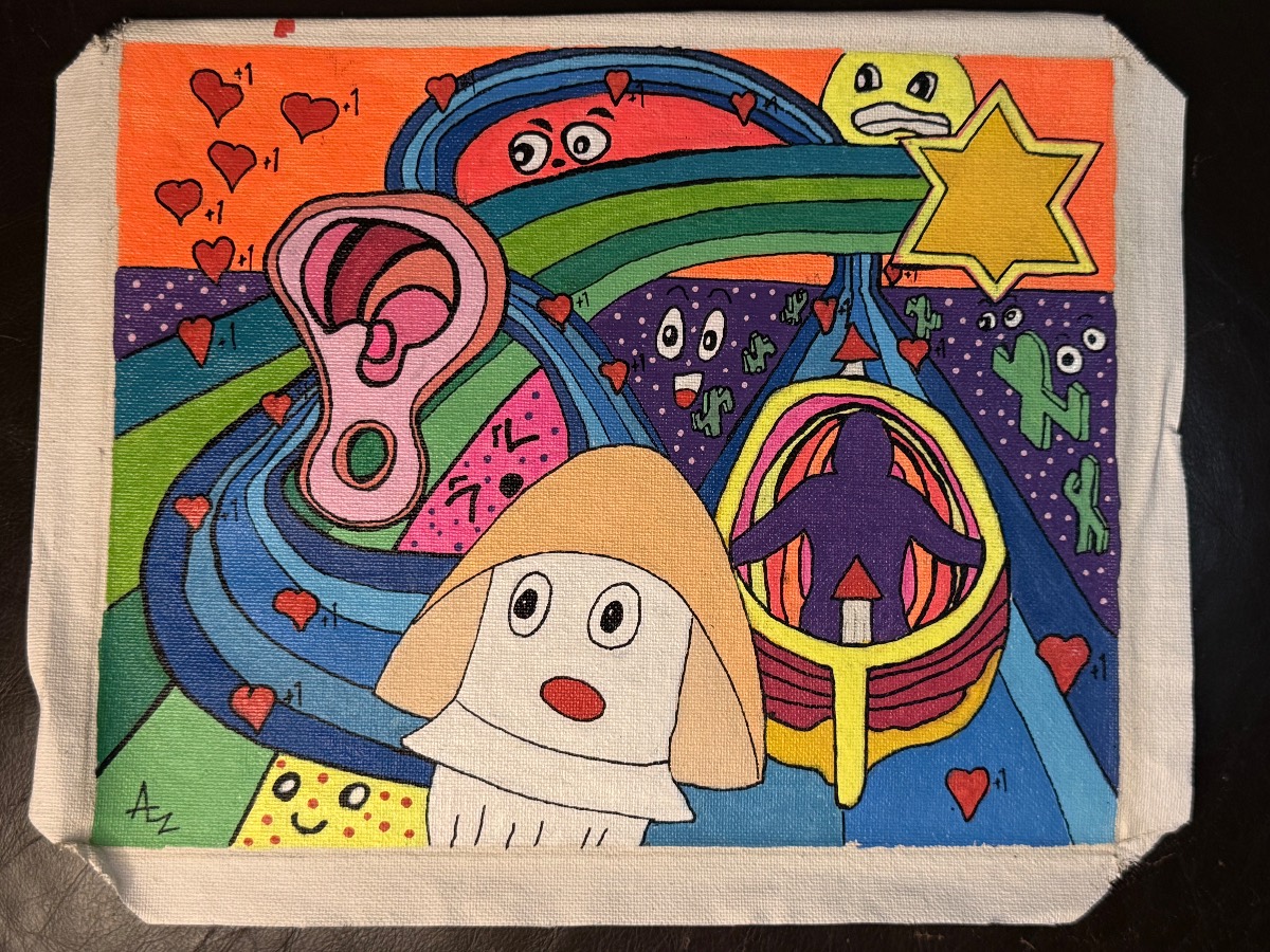 “That time I took mushies with ear ache” Acrylic Painting on Canvas — Colorful Surreal Characters, Signed