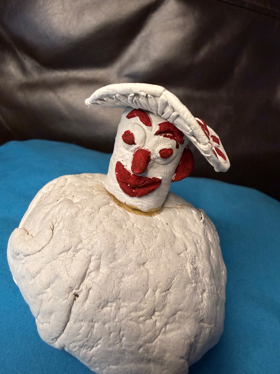 Handmade Clay Clown Mushie Sculpture — White & Red Folk Art Figure