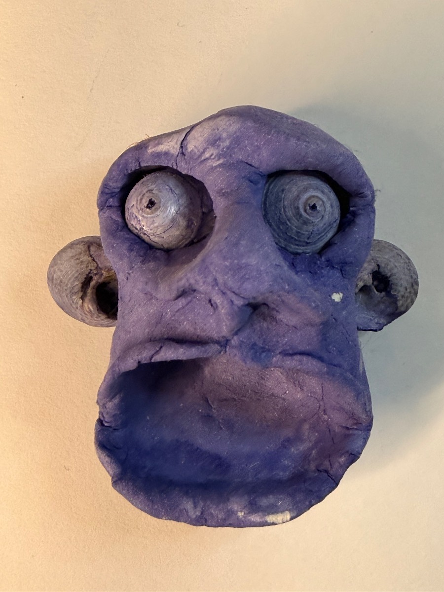 Handmade Purple Clay / Shell Monster Face Sculpture — Original Folk Art Creature Head