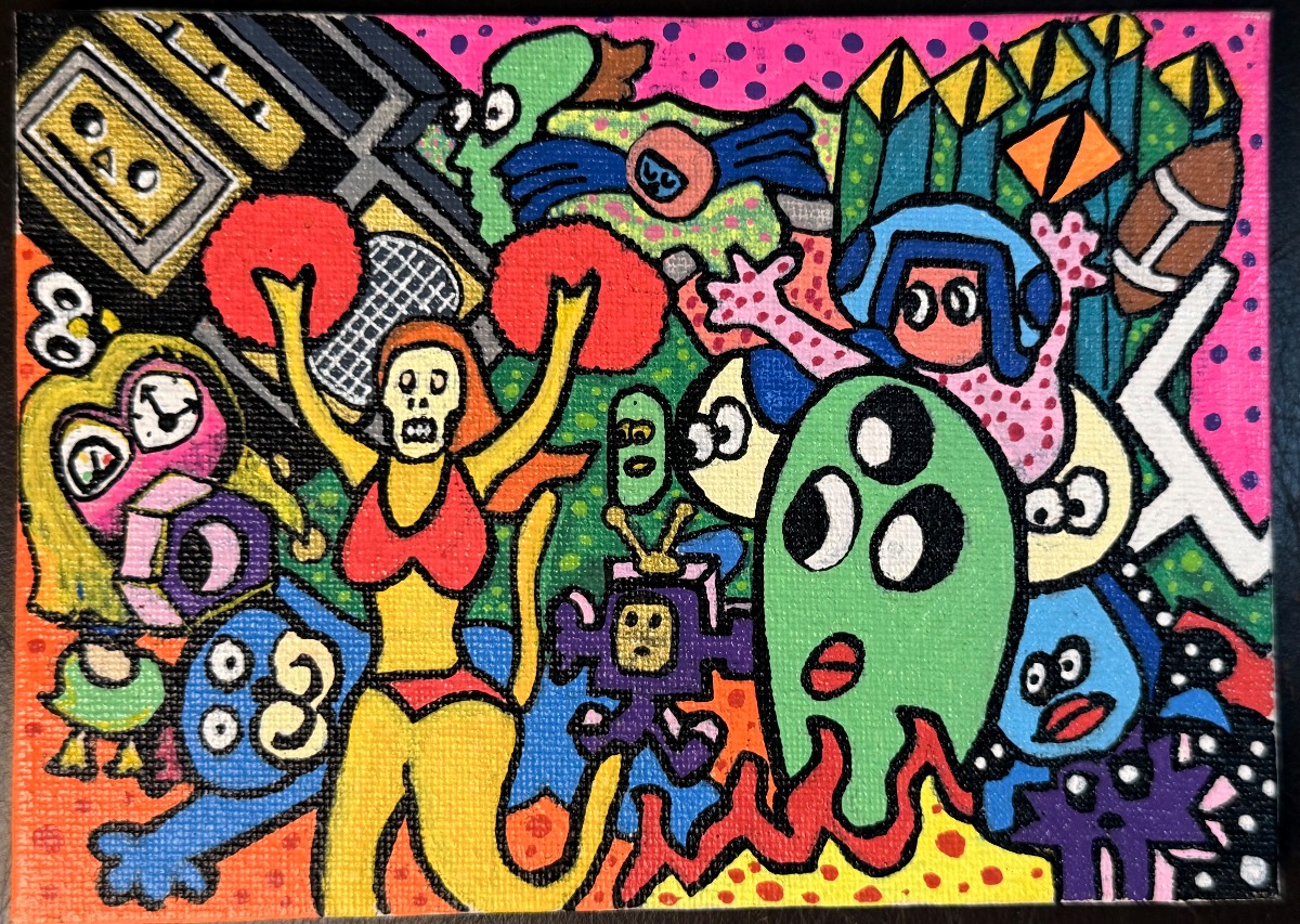 INTERGALACTIC SUPERBOWL Acrylic Canvas Painting — Vibrant Pop Art Surrealist Scene with Characters & Monsters