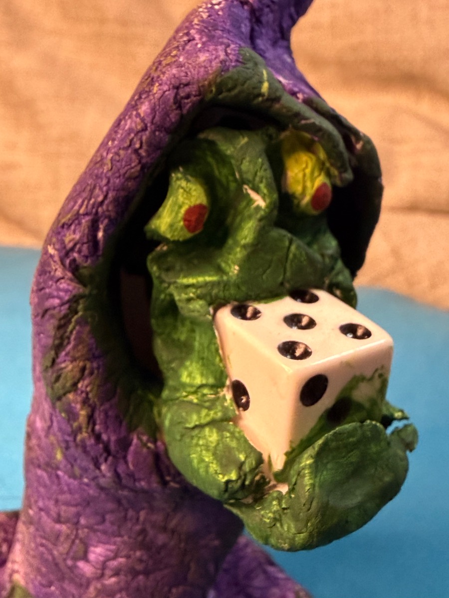 Handmade Dice Master Sculpture — Purple & Green Creature with Pointed Hat
