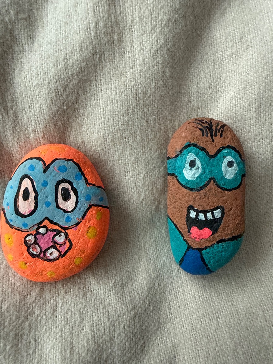 Hand-Painted Character Talismeme Twin Rocks — Set of 2, Signed Folk Art Stones