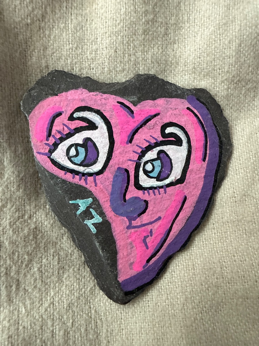 Hand-Painted Heart Face Rock — Original Folk Art Stone with Signature