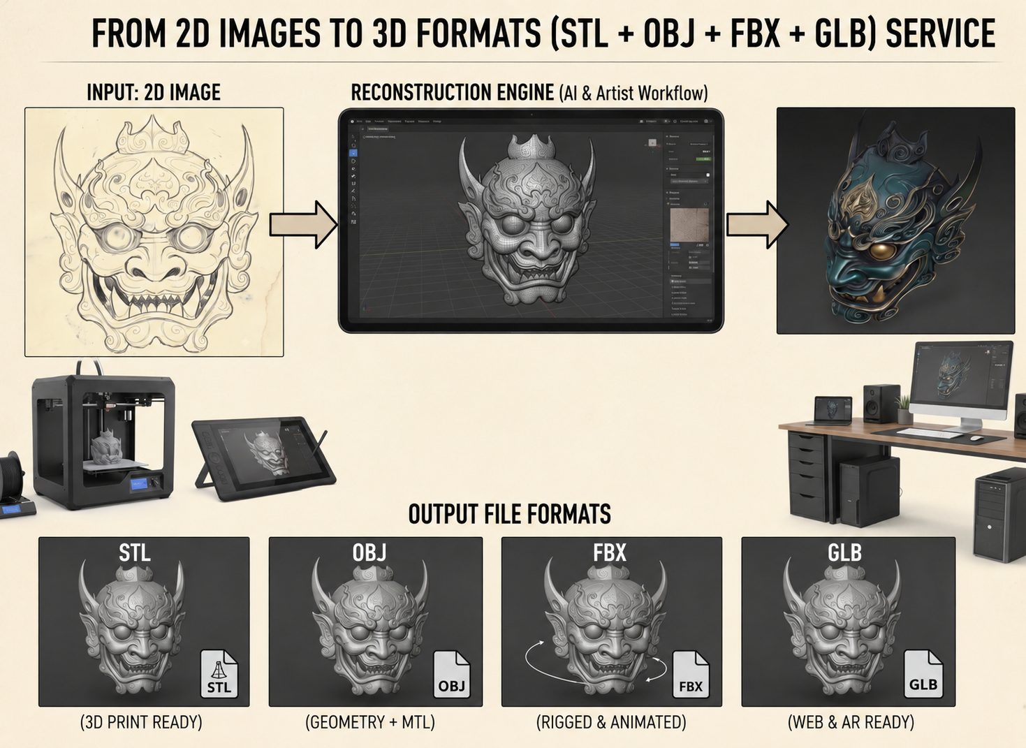 I will convert your 2D image or sketch into 3D model STL GLB FBX OBJ in 30m