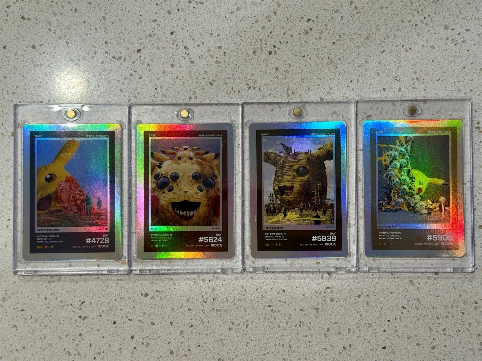 BEEPLE EVERYDAYS ALPHA CARDS. 4 Basic Pikachu cards. 1 SIGNED